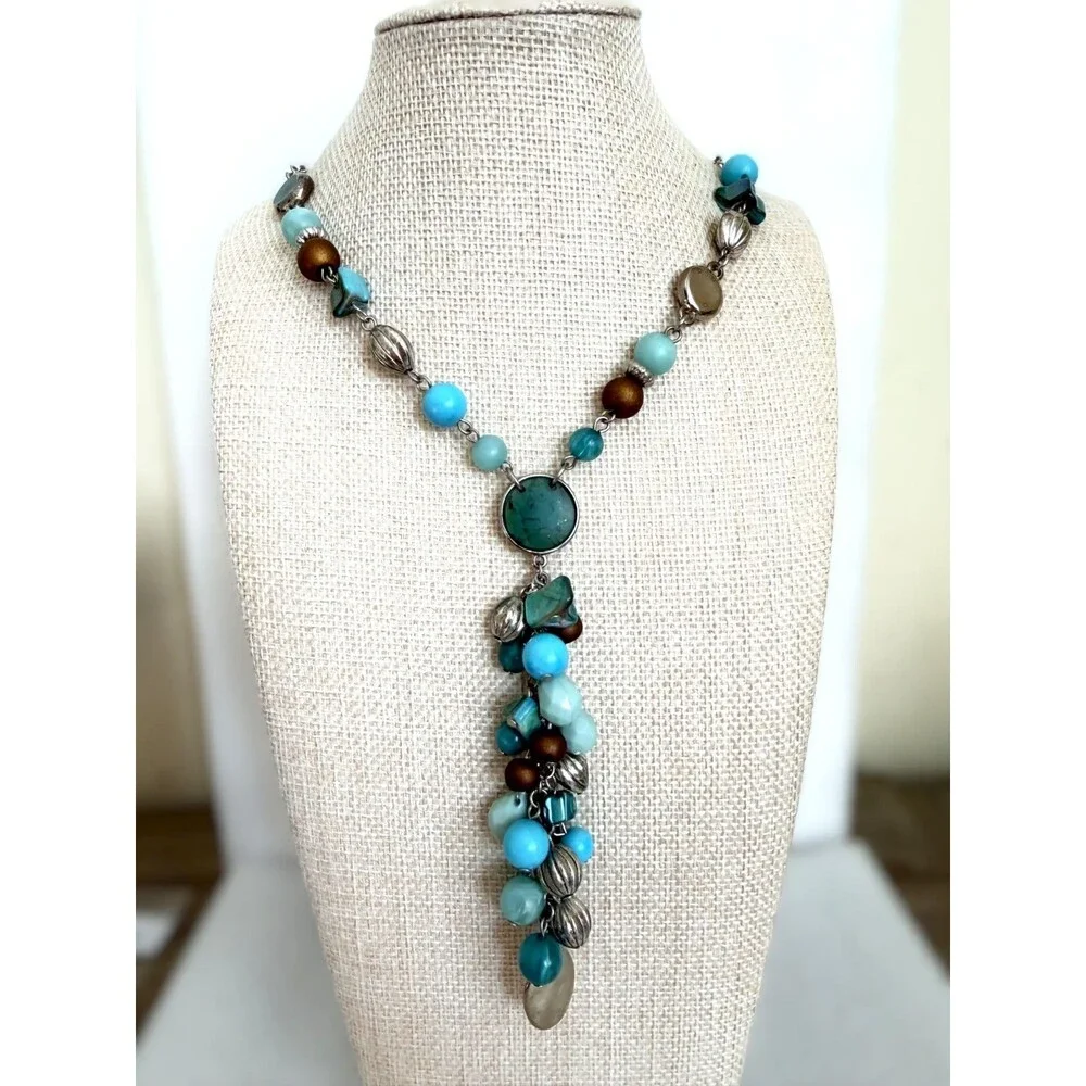 Tanya Creations Turquoise Blue Beaded Y Drop Cluster Pendant Necklace NWT